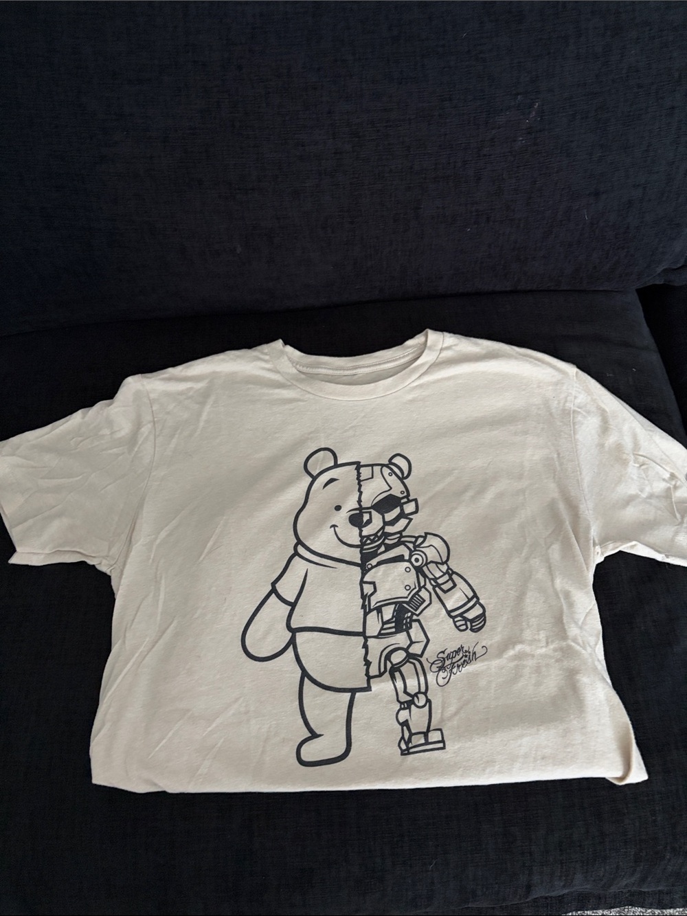 White Graphic Tee with Black Bear/Robot Print